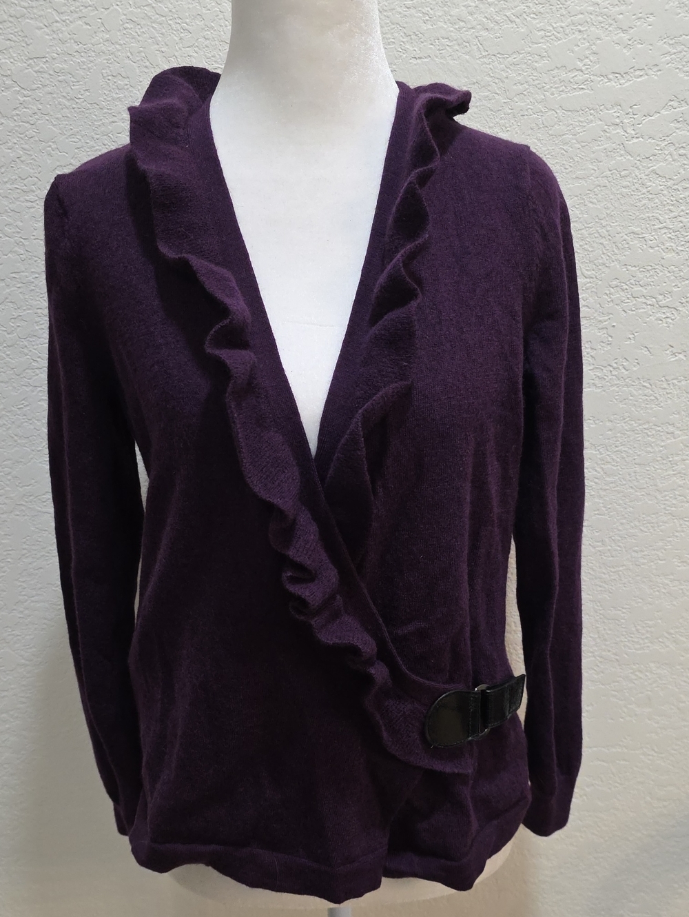 Elena Solano Ruffled Plum Wrap-Style Cardigan Sweater